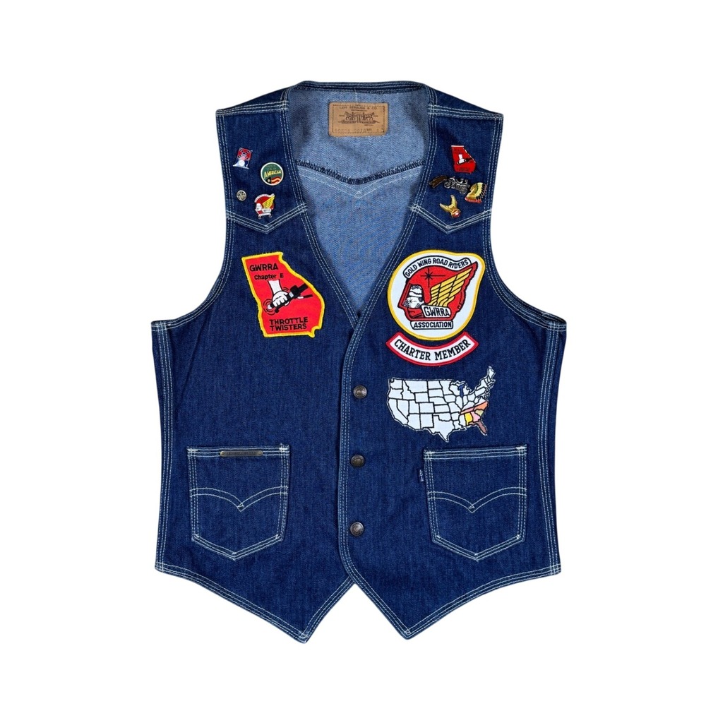Vintage Levi's Big E Blue Tab Denim Moto Vest‎ S Gold Wing Road Riders 70s 80s